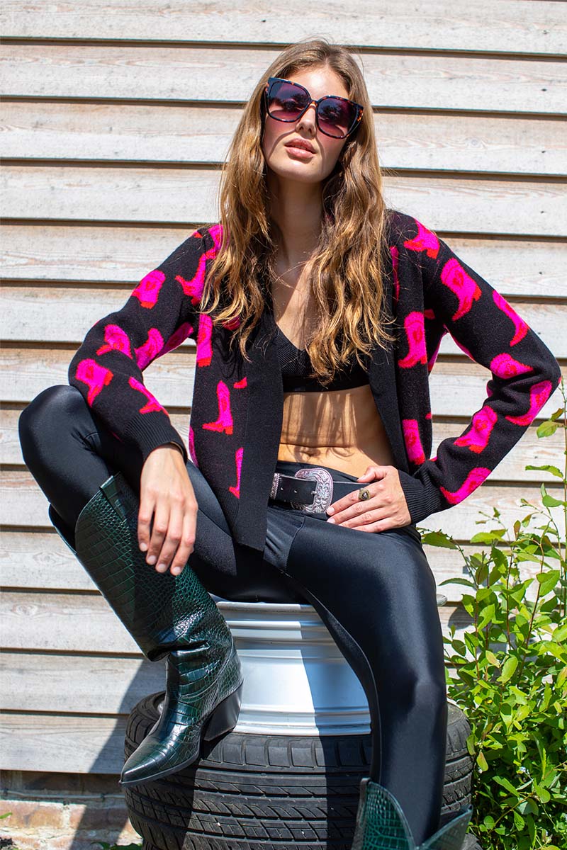 Cowboy Boot Cardigan in Black and Neon Pink
