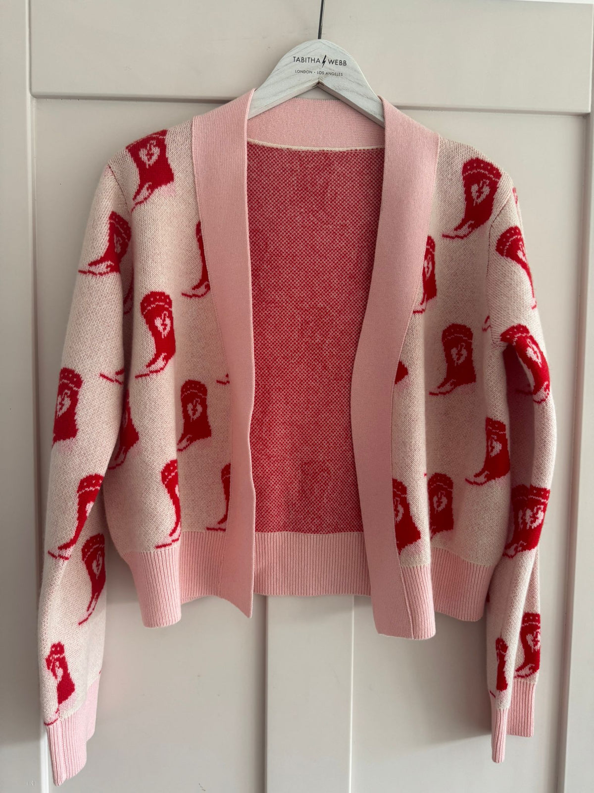 Cowboy Boot Cardigan in Cream with Red and Pink Boot