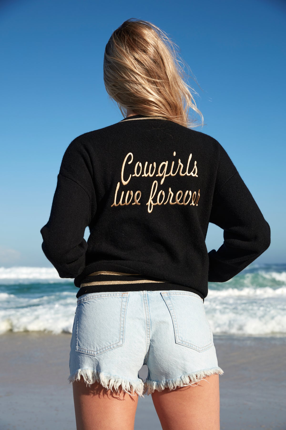 Cowgirls Live Forever Bomber in Black and Gold