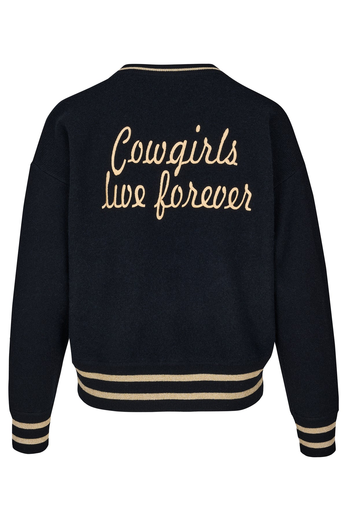 Cowgirls Live Forever Bomber in Black and Gold