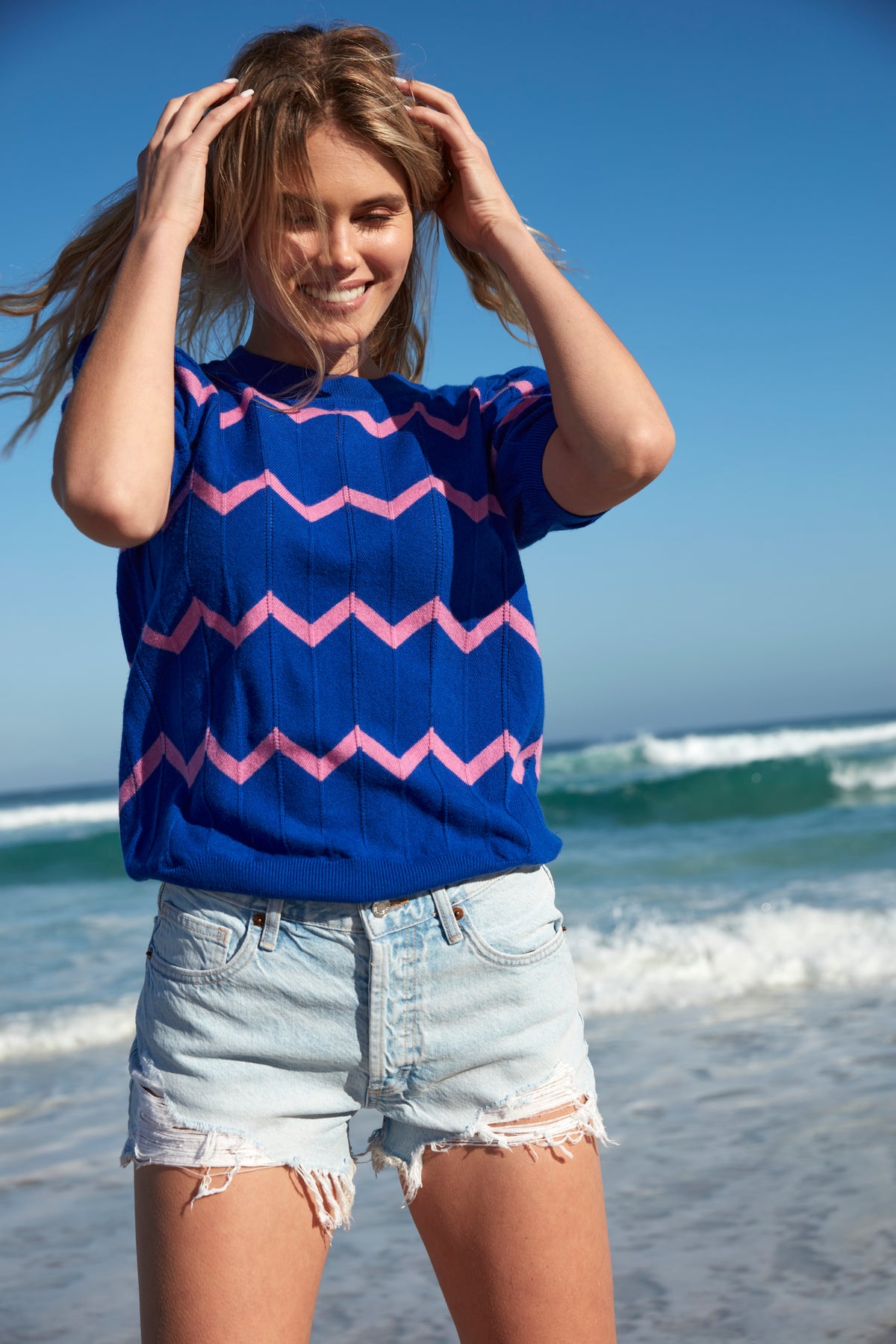 Ruffle Sleeve Blue and Pink Chevron Knit