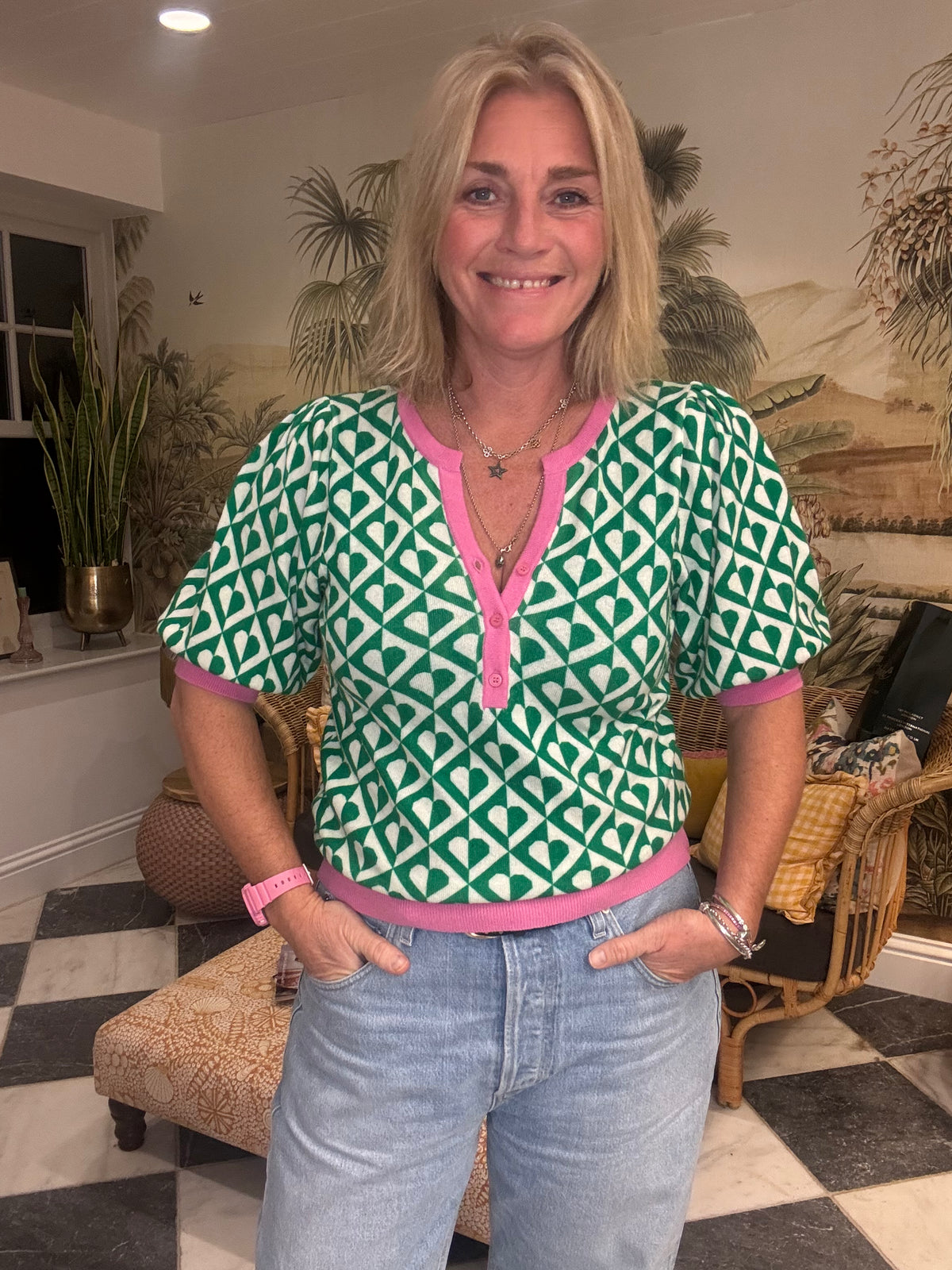 Short Sleeve Henley in Green Heart Chevron