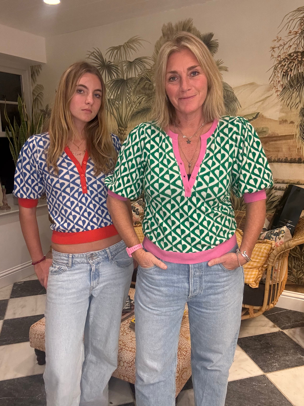 Short Sleeve Henley in Blue Heart Chevron