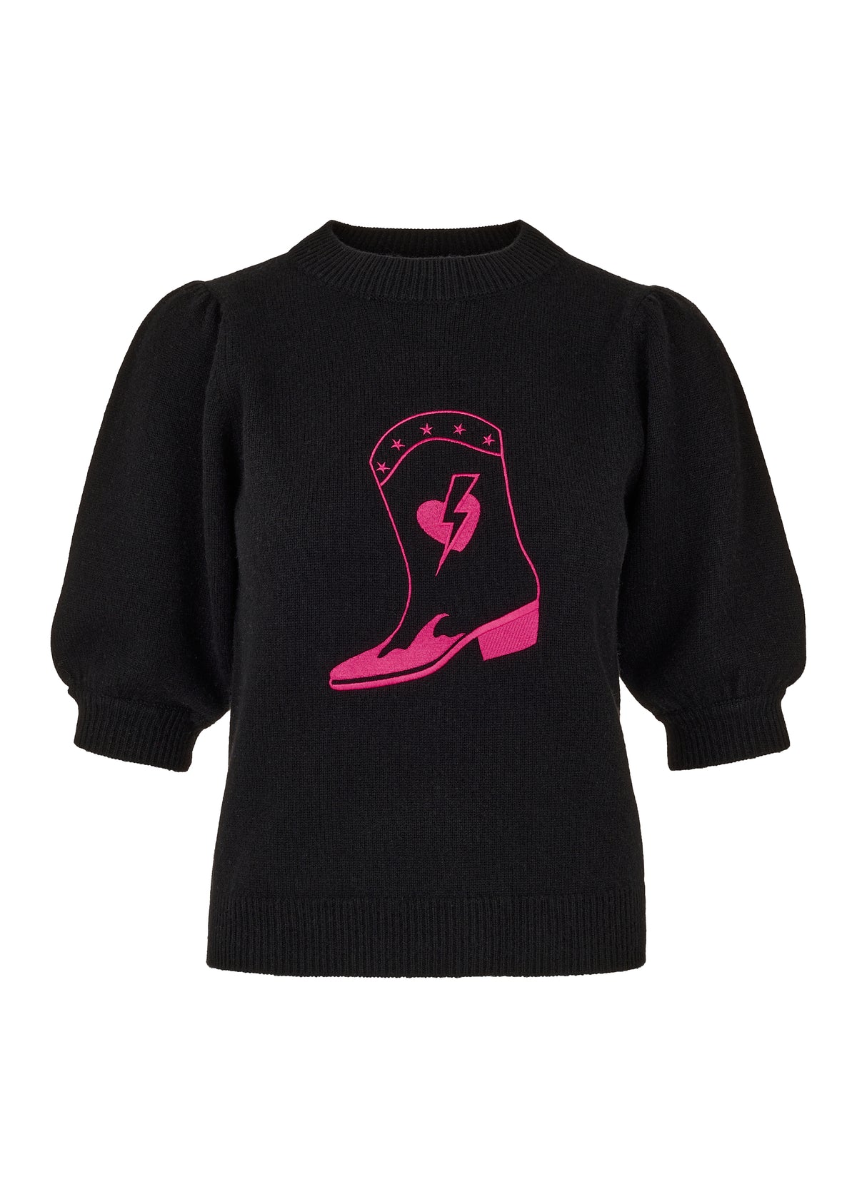 Short Sleeved Embroidered Boot in Black and Pink