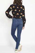 Load image into Gallery viewer, Black Pansy Pussybow in Rainbow Silk Shirt
