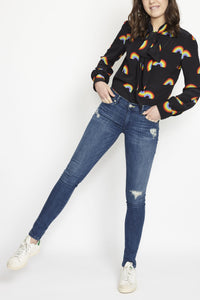 Black Pansy Pussybow in Rainbow Silk Shirt