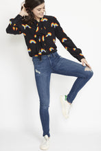 Load image into Gallery viewer, Black Pansy Pussybow in Rainbow Silk Shirt
